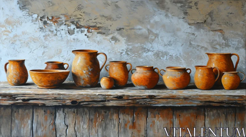 Warm and Tranquil Still Life Painting of Clay Pots on Wooden Table AI Image