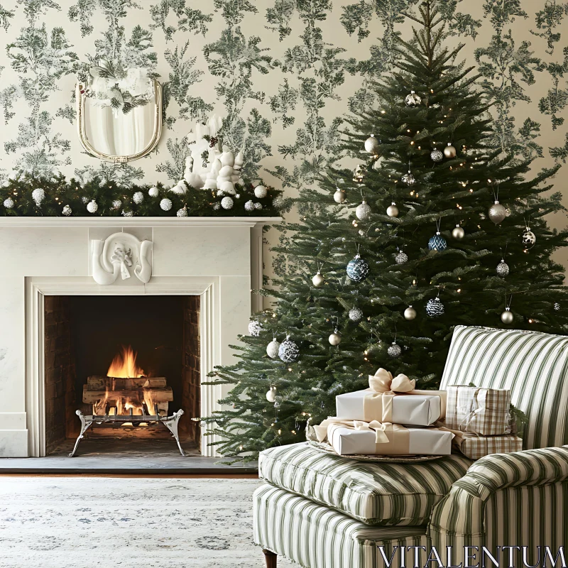 Festive Living Room Christmas Tree and Fireplace AI Image