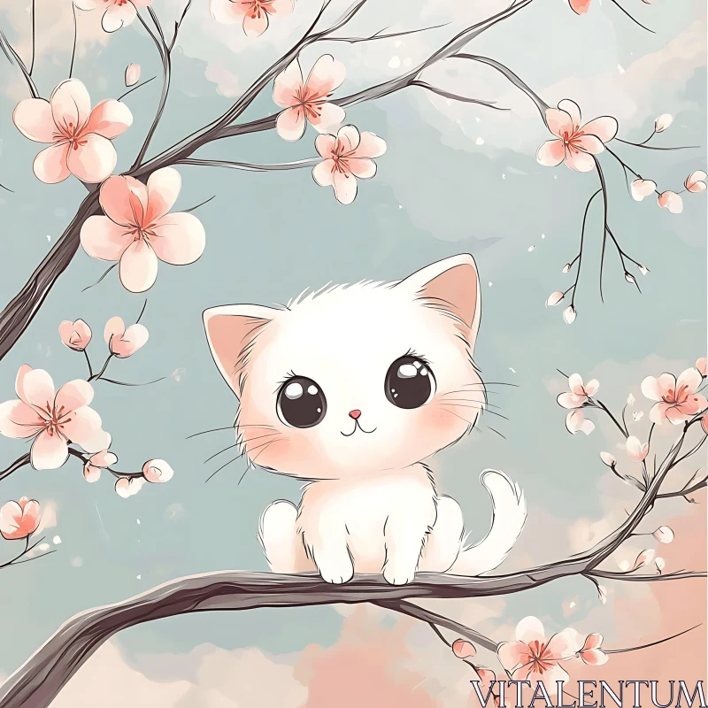 Cute White Kitten on a Flowering Branch AI Image