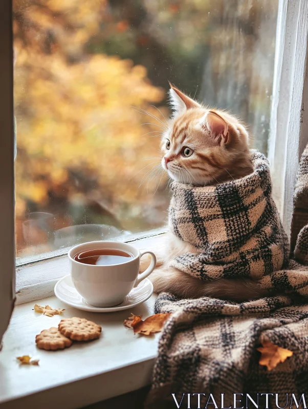 Warm and Cozy Autumn Scene with a Cat AI Image