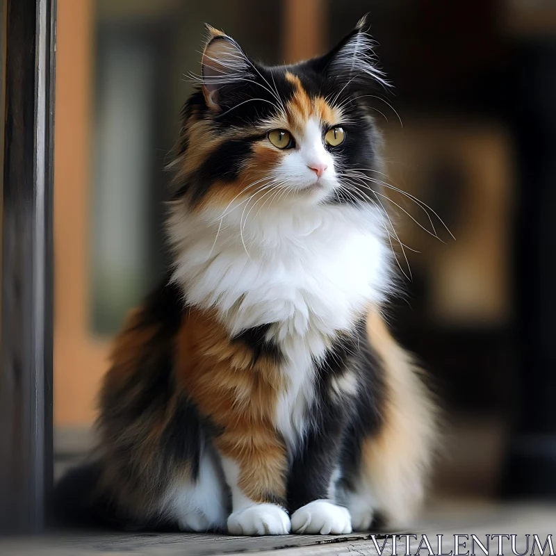 Graceful Long-Haired Cat with Tricolored Fur AI Image