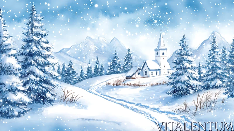 Peaceful Snowy Church in Winter Forest AI Image