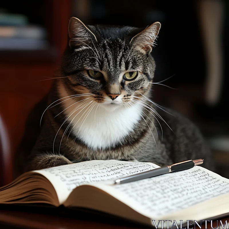 Thoughtful Cat with Notebook and Pen AI Image