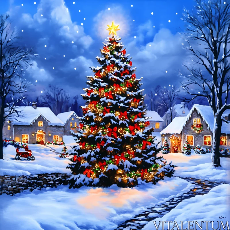 Charming Winter Village with Festive Christmas Tree AI Image