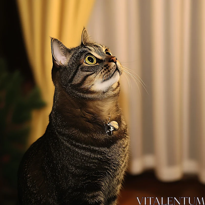 Attentive Tabby Cat in Warm Living Room Setting AI Image