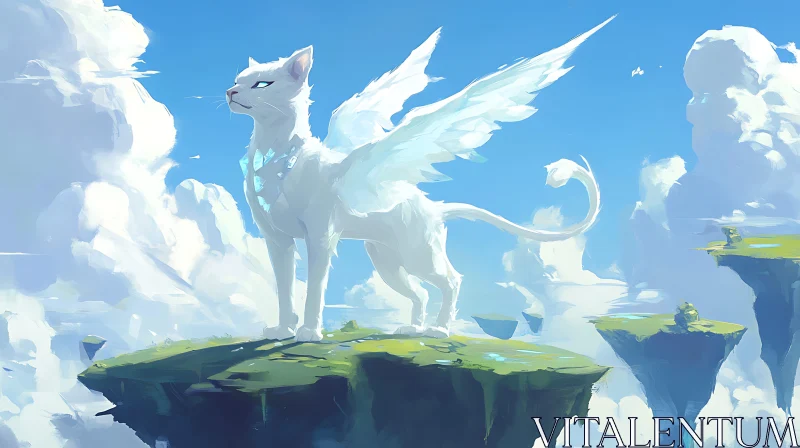 Mythical Winged Feline in Sky AI Image