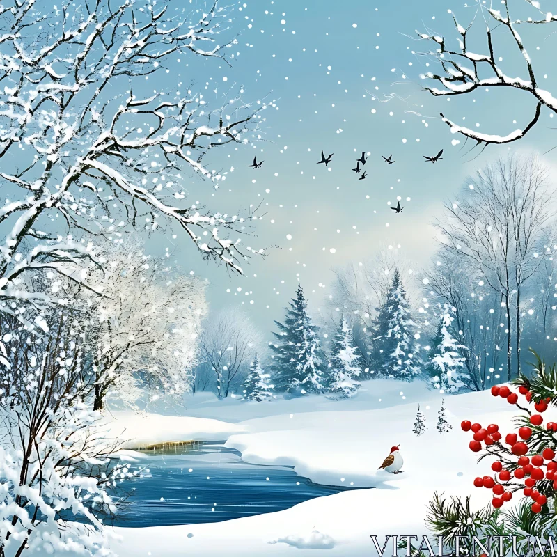 Winter Wonderland with River and Flying Birds AI Image