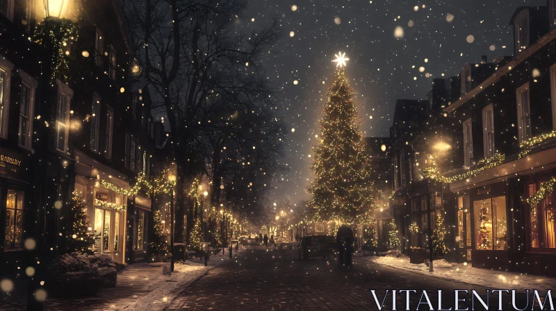 Festive Street with Christmas Lights and Snowflakes AI Image