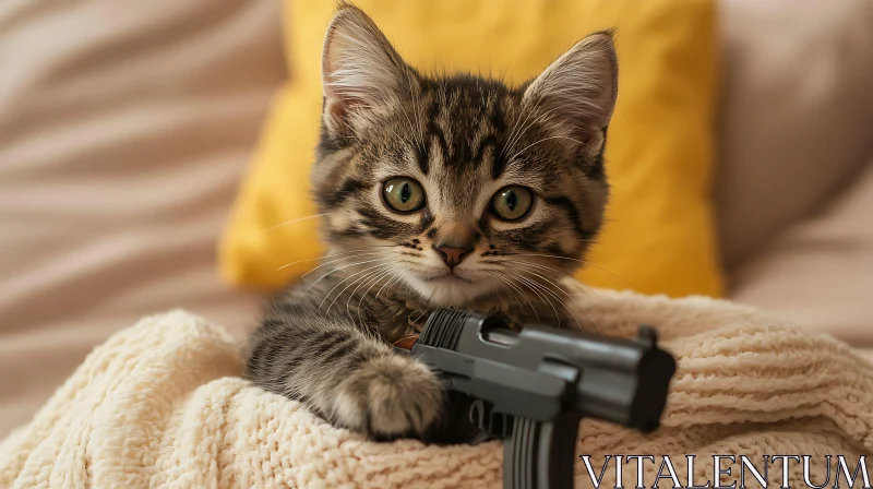 AI ART Cute Kitten Holding Toy Gun