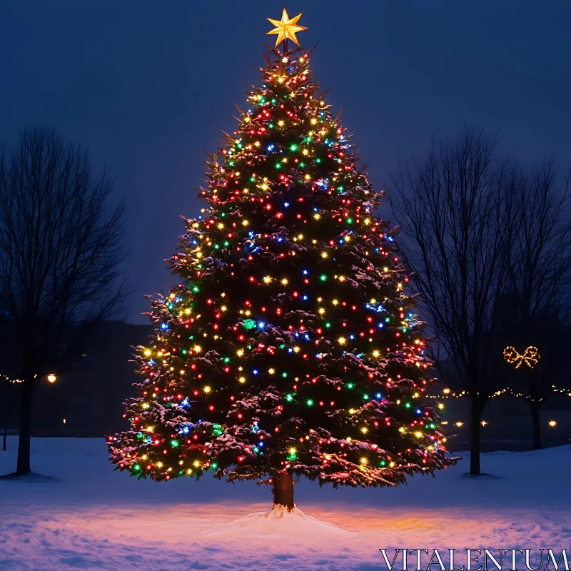 Majestic Christmas Tree in a Snowy Nighttime Park AI Image