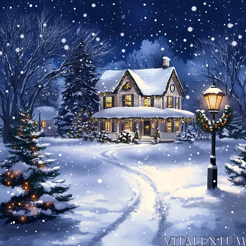 Cozy Holiday Scene with Snowy Cottage and Festive Lights AI Image