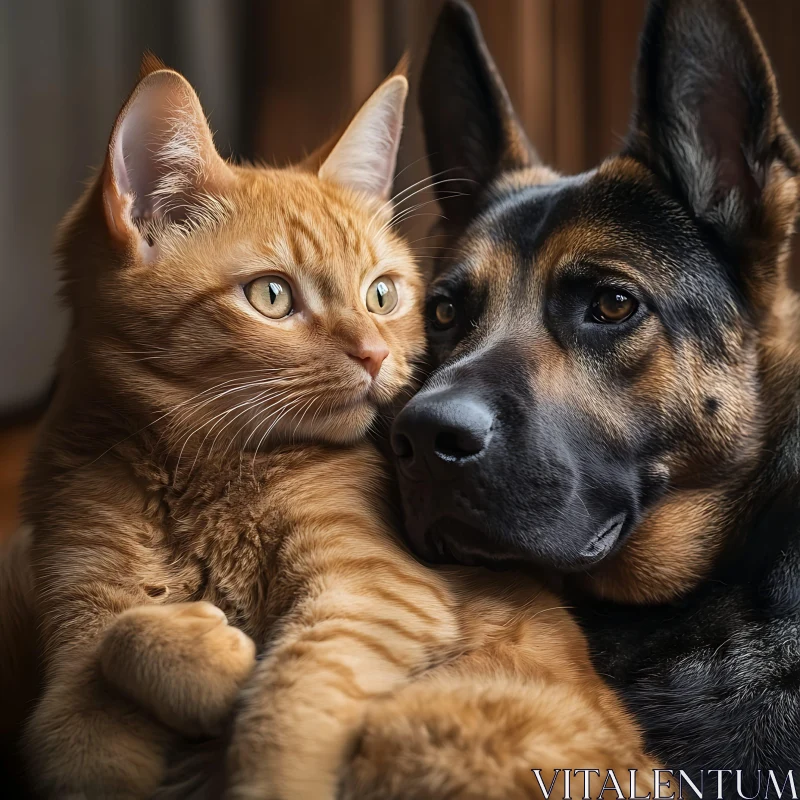 Cat and Dog Bonding in Warm Light AI Image