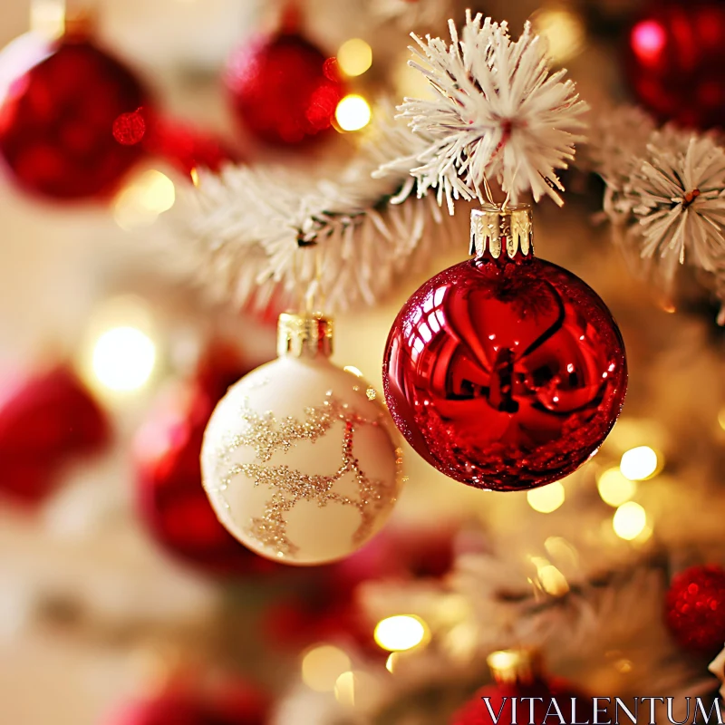 Festive Ornaments on Frosted Christmas Tree AI Image