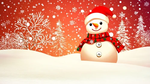 Joyful Snowman with Santa Hat in a Snowy Landscape