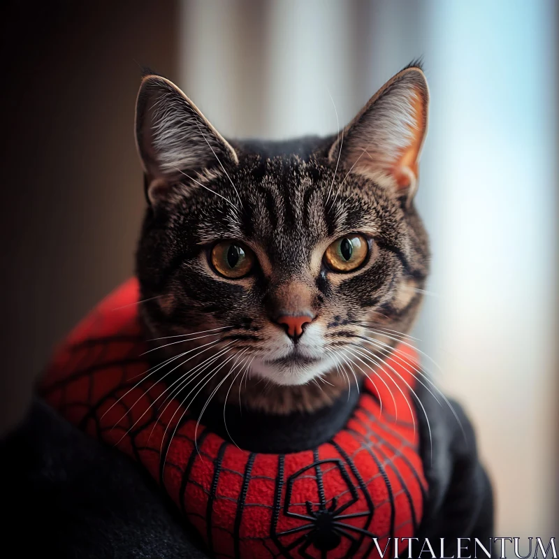 AI ART Close-Up of Cat in Red and Black Costume