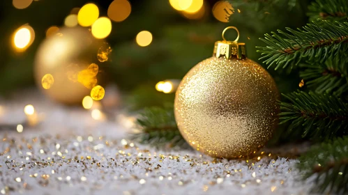 Festive Golden Ornament with Pine and Bokeh