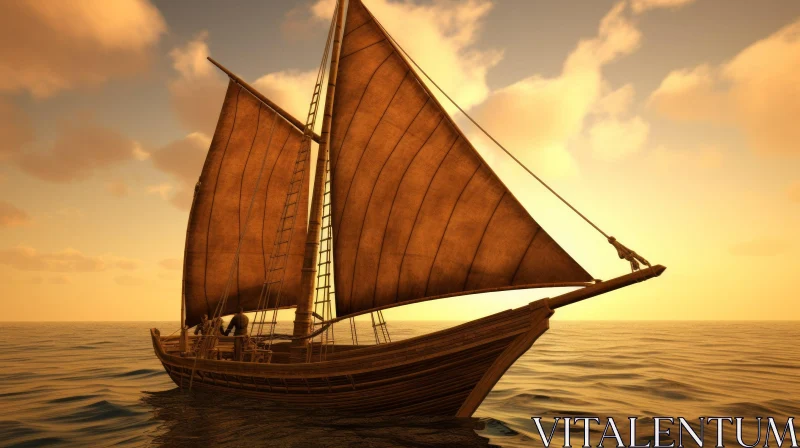Antique Sailing Ship at Sunset: A Mesopotamian-inspired Masterpiece AI Image