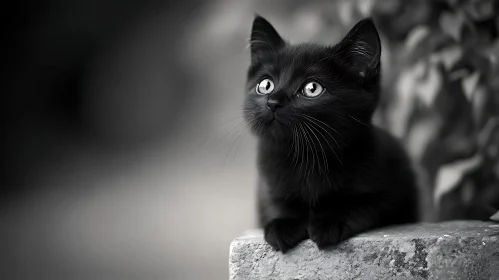 Curious Black Kitten Sitting on Stone