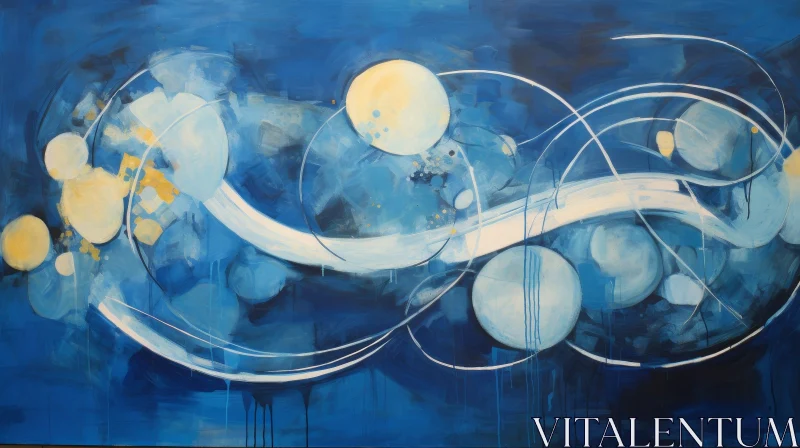 Blue and White Abstract Painting with Circles and Lines AI Image