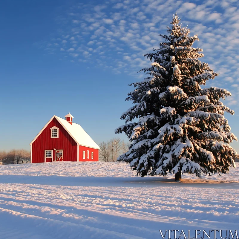 Snow-Covered Barn and Tree in Serene Winter Landscape AI Image