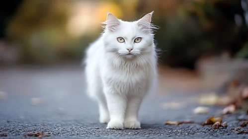 Graceful White Cat Strolling on Nature Path