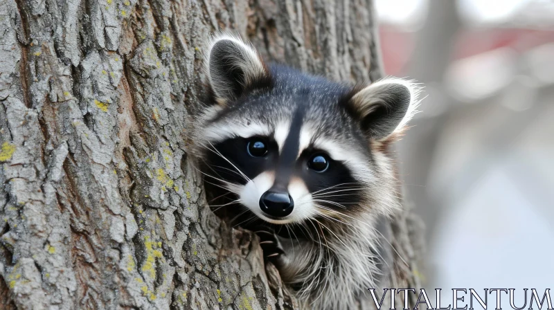 Captivating Wildlife Moment: Raccoon Peeking from Behind Tree AI Image