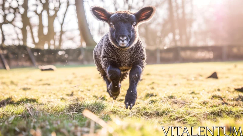Charming Black Lamb Running in a Green Field AI Image