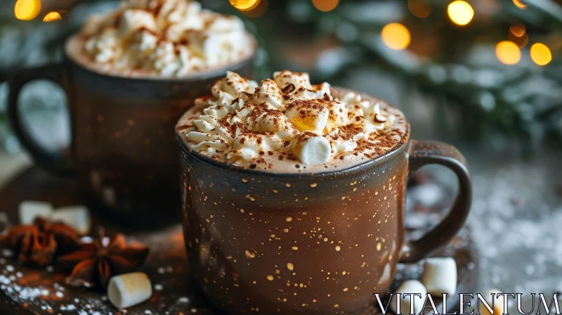 Cozy Hot Chocolate with Whipped Cream and Marshmallows on Wooden Table AI Image