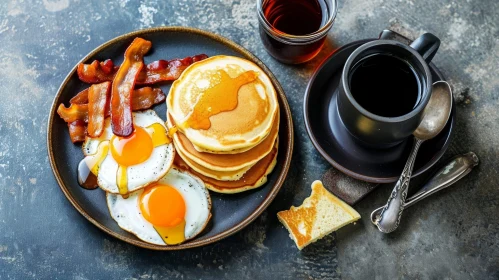 Delicious Breakfast of Pancakes, Bacon, and Eggs on a Black Plate