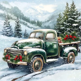 Festive Green Truck in Snowy Winter Mountains