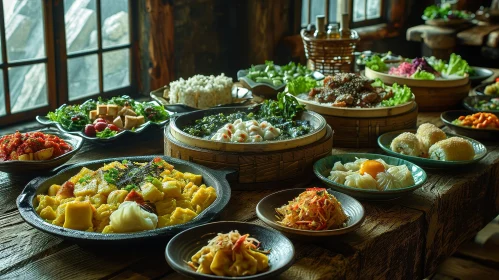 Exquisite Chinese Cuisine on a Rustic Wooden Table