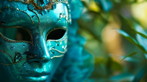Exquisite Teal Venetian Mask with Gold and Silver Accents