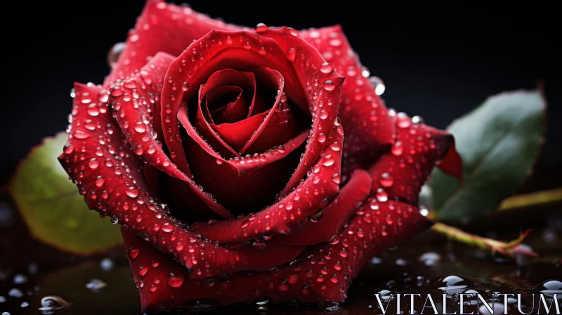Romantic Crimson Rose with Raindrops - A Symbol of Love and Romance AI Image