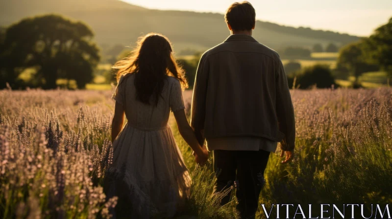 Romantic Lavender Field Sunset: A Captivating Moment of Love AI Image