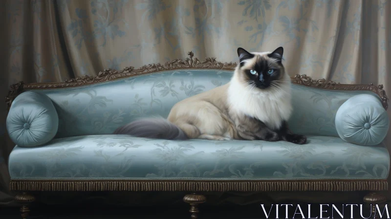 Serene Painting of Ragdoll Cat on Blue Couch AI Image