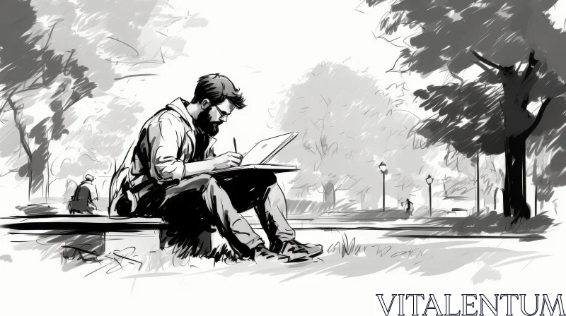 AI ART Sketch of Man Sitting in Park