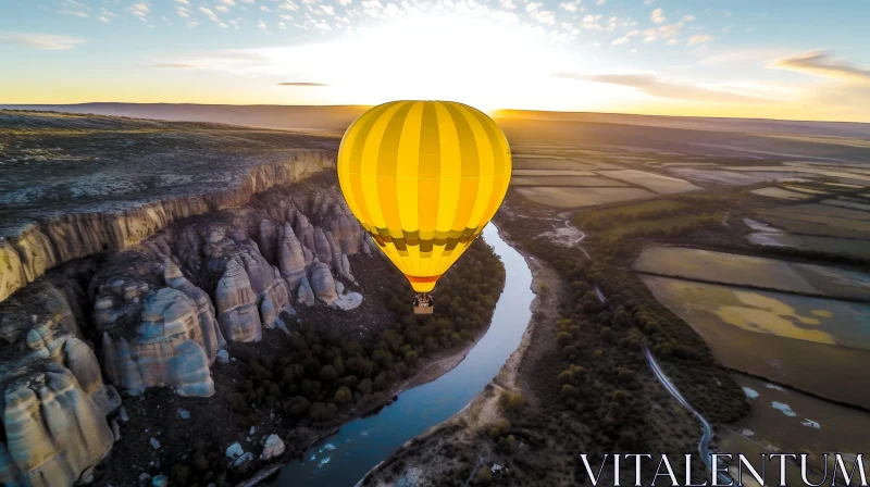 Yellow Hot Air Balloon Flying over Majestic Canyon | Romantic Riverscapes AI Image