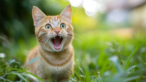 Surprised Ginger Cat in a Grass Field