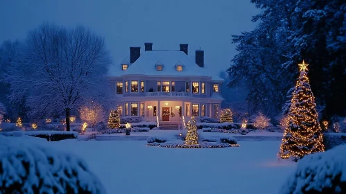 Grand Mansion Lit for Christmas in Winter Wonderland