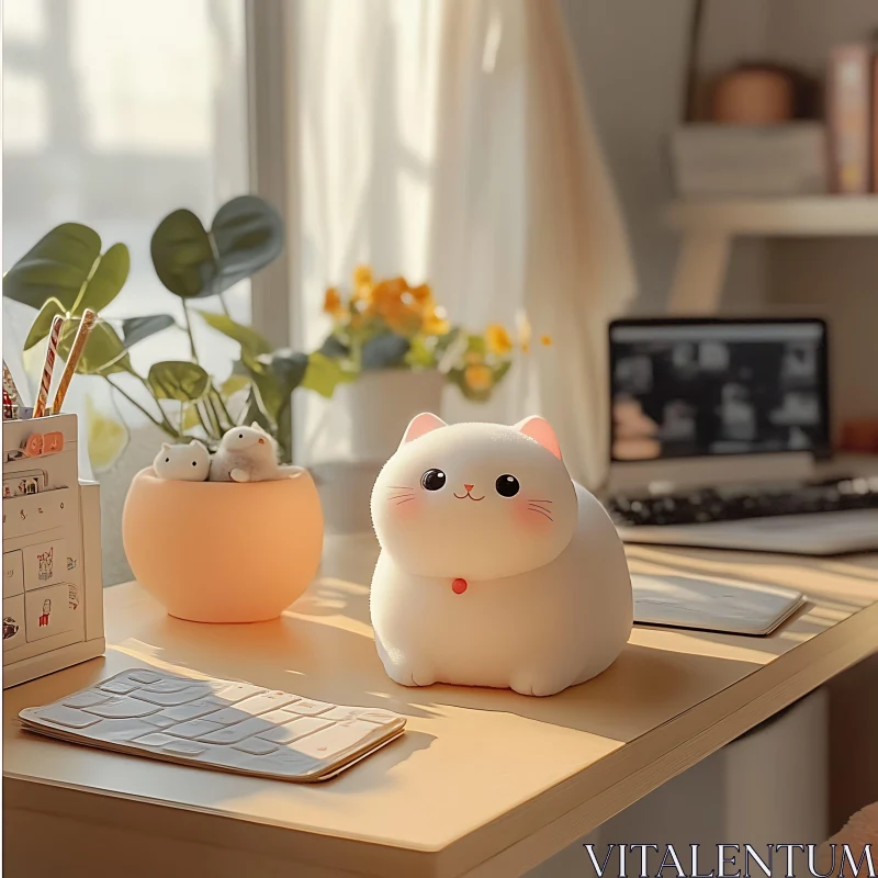 Cute Cat Ornament on Desk AI Image