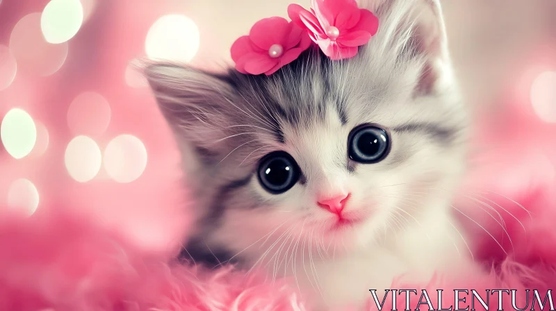 Cute Kitten Adorned with Pink Flower AI Image