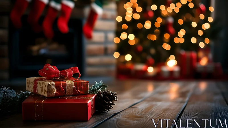 Cozy Christmas Setting with Beautifully Wrapped Presents AI Image