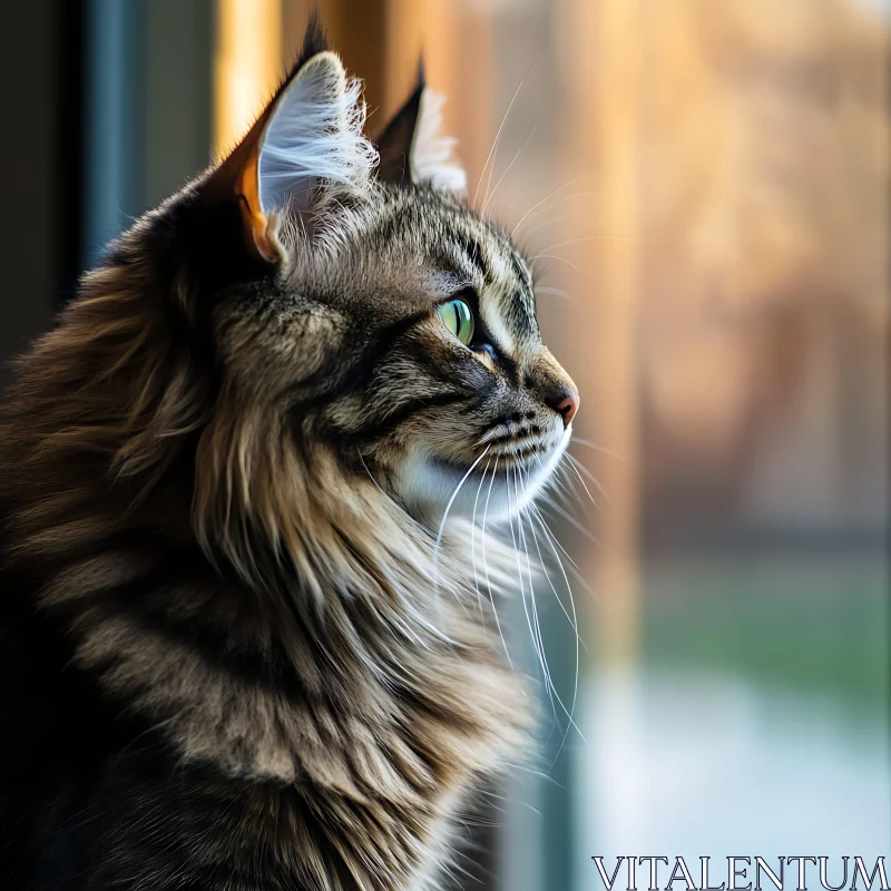 Elegant Cat with Fluffy Fur Staring Outside AI Image