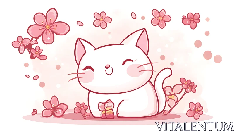 Smiling White Cat Amidst Pink Cherry Blossoms AI Image