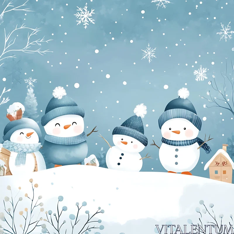 Cheerful Snowmen in Winter Wonderland AI Image