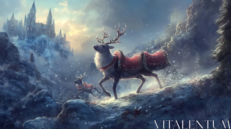 Mystical Winter Wonderland with Reindeer and Castle AI Image