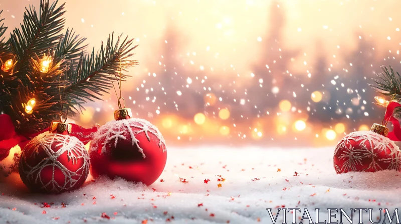 Holiday Baubles in Snow with Pine and Lights AI Image