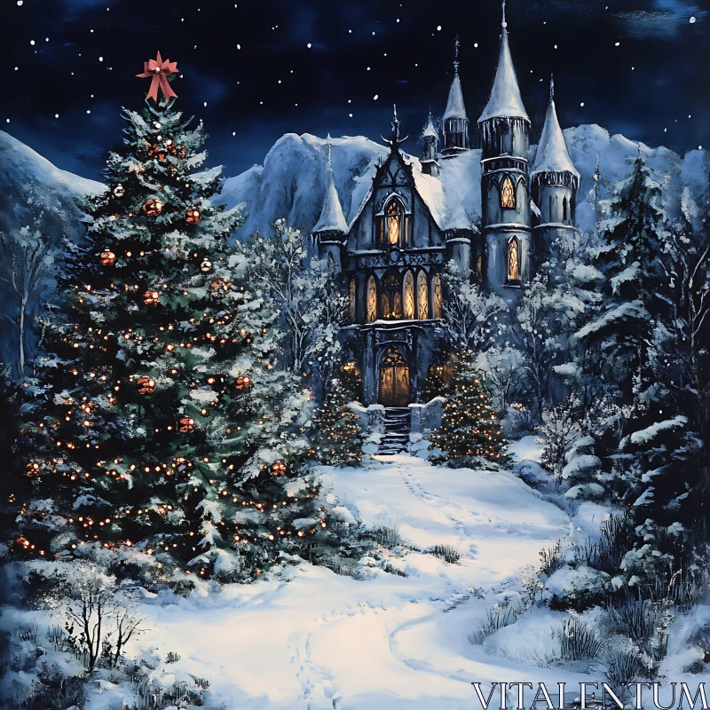 AI ART Winter Wonderland Castle with Christmas Decorations