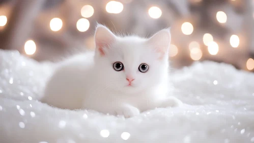 Cute White Kitten with Fuzzy Surface and Bokeh Lights