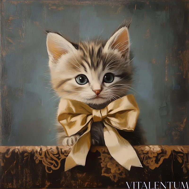 Innocent Kitten with a Golden Ribbon Painting AI Image